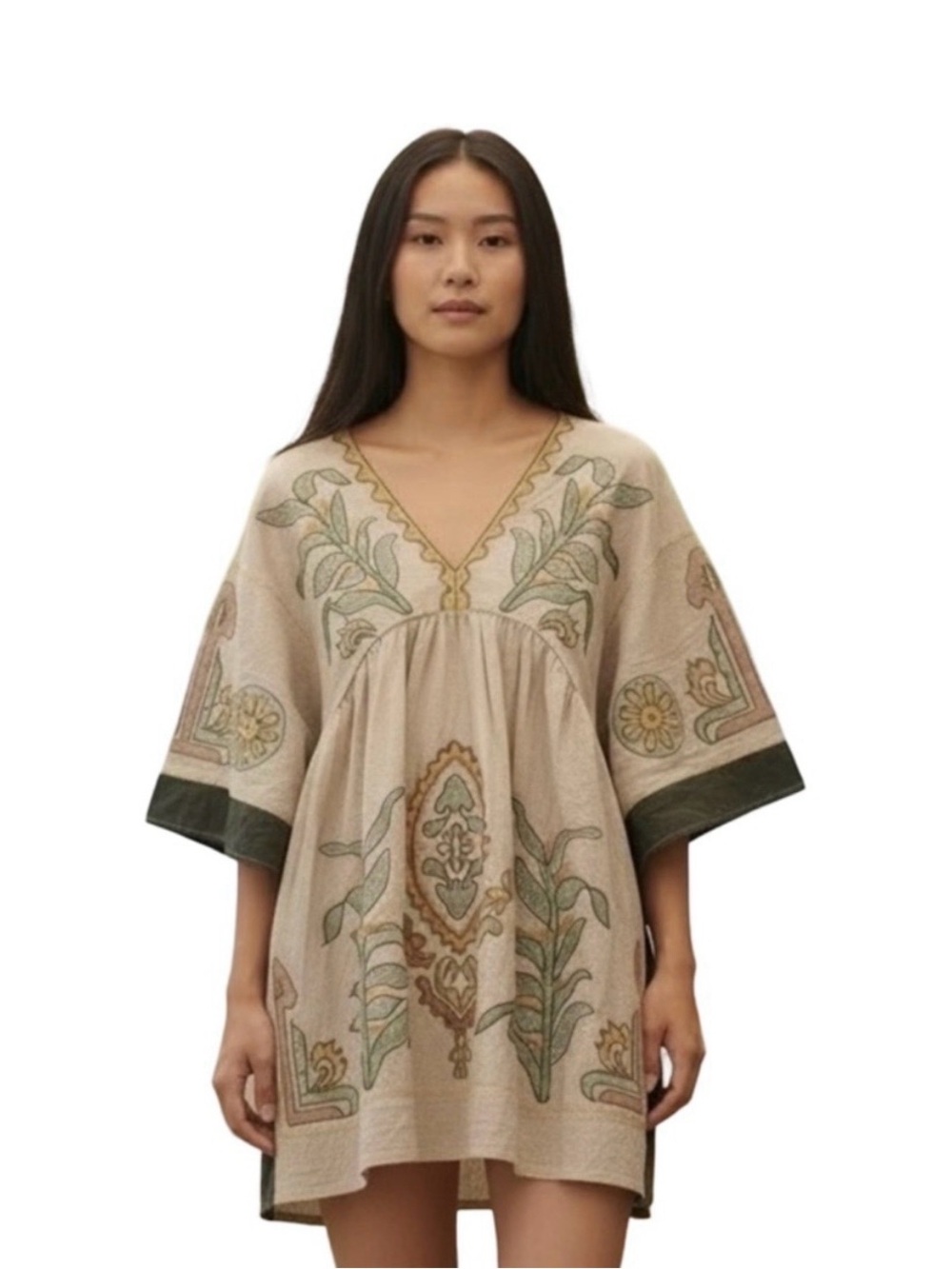 Boho Floral Mini Dress - Cream with Green Accents